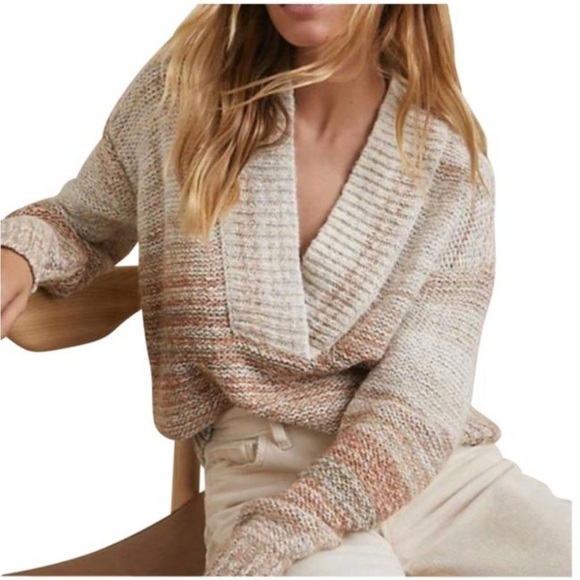 ANTHROPOLOGIE Pilcro Joyce Oversize Neutral Striped V Neck Chunky Sweater Size M - Picture 1 of 16